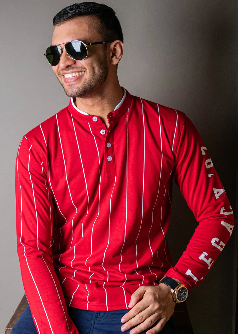 LCY London | Line Classics - Long Sleeved Men's Vertical Striped Mandarin Polo Top LCY London