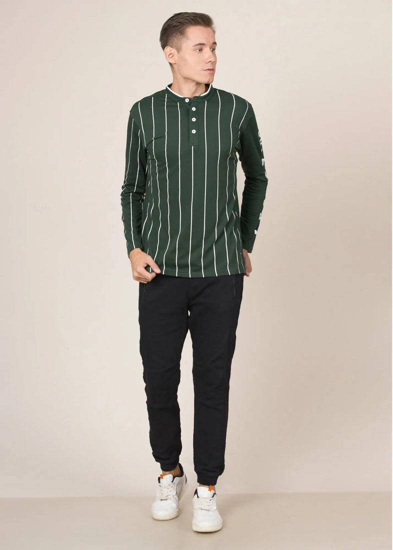 LCY London | Line Classics - Long Sleeved Men's Vertical Striped Mandarin Polo Top LCY London