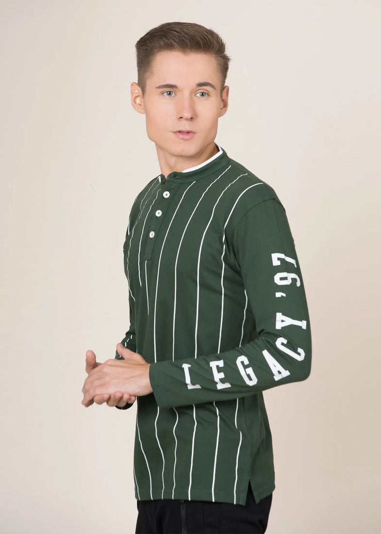 LCY London | Line Classics - Long Sleeved Men's Vertical Striped Mandarin Polo Top LCY London