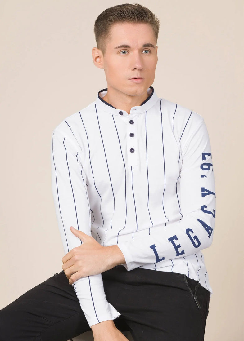 LCY London | Line Classics - Long Sleeved Men's Vertical Striped Mandarin Polo Top LCY London