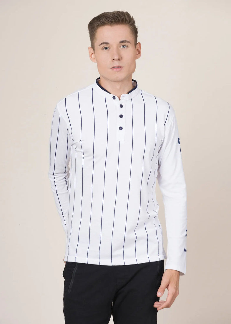 LCY London | Line Classics - Long Sleeved Men's Vertical Striped Mandarin Polo Top LCY London