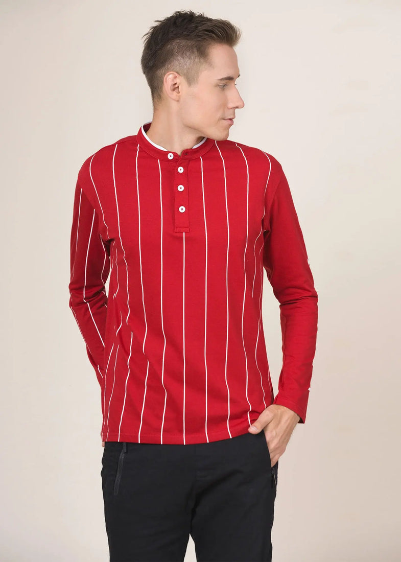 LCY London | Line Classics - Long Sleeved Men's Vertical Striped Mandarin Polo Top LCY London